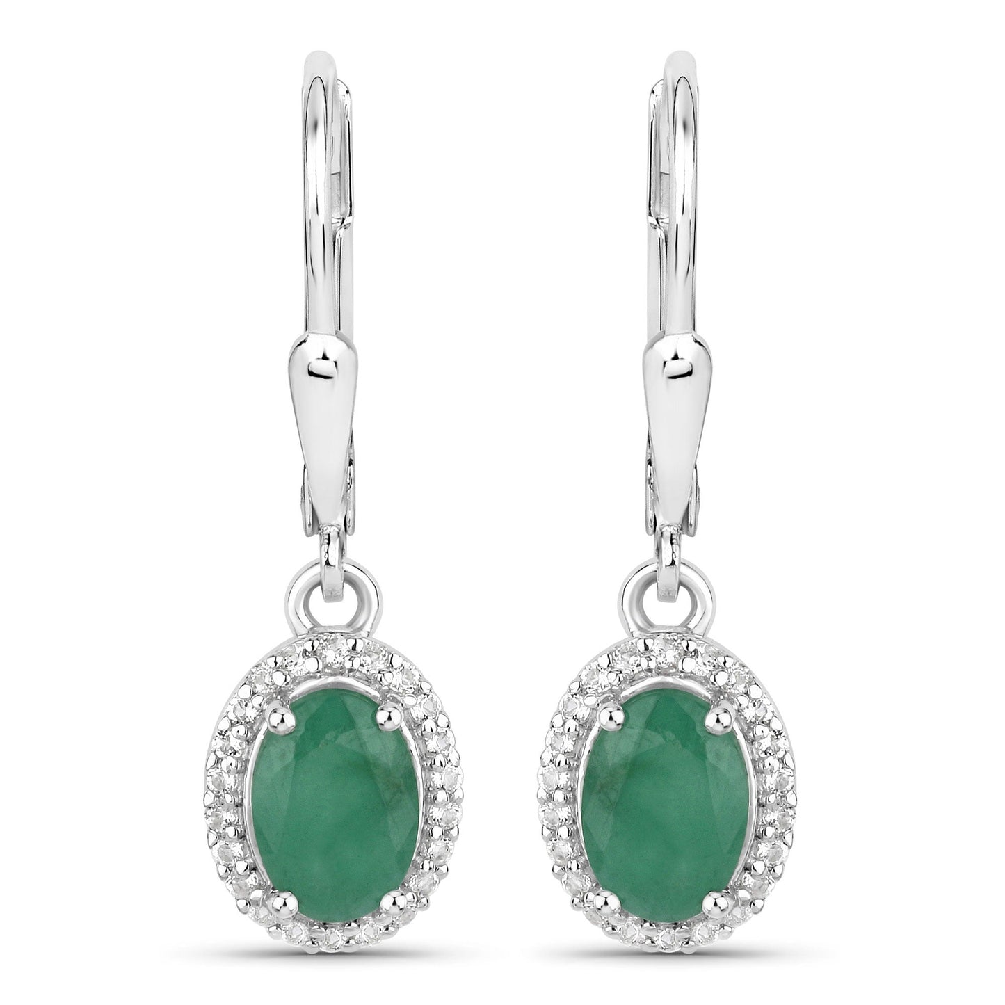 1.72 Ct Oval Green Emerald Prong Silver Halo Dangle Lever Back Earrings