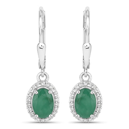 1.72 Ct Oval Green Emerald Prong Silver Halo Dangle Lever Back Earrings