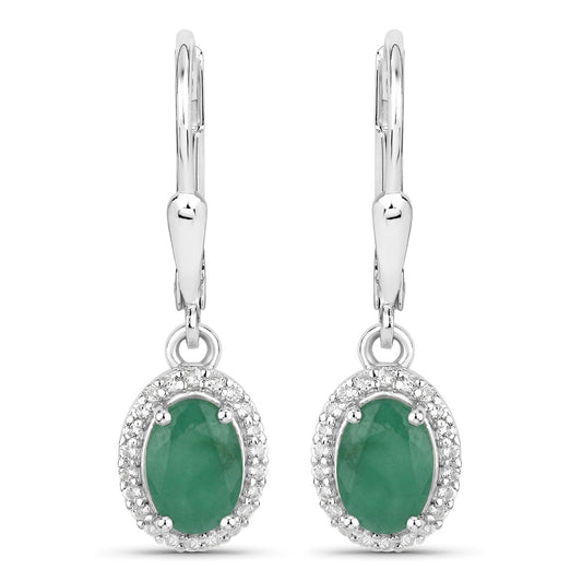 1.72 Ct Oval Green Emerald Prong Silver Halo Dangle Lever Back Earrings