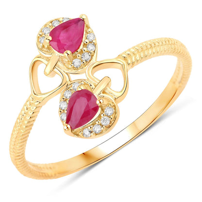 0.40 Ct Pear Pink Mozambique Ruby & Diamond Prong 14K Yellow Gold Halo Heart Bypass Ring