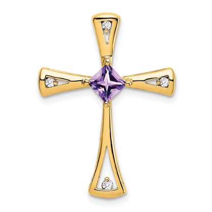 Natural Purple Amethyst and Diamond Cross Pendant Gold