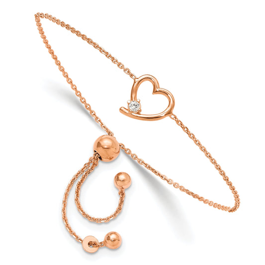 Round White Cubic Zirconia Prong Rose Gold Plated Silver Open Heart Adjustable Slider Bolo Bracelet