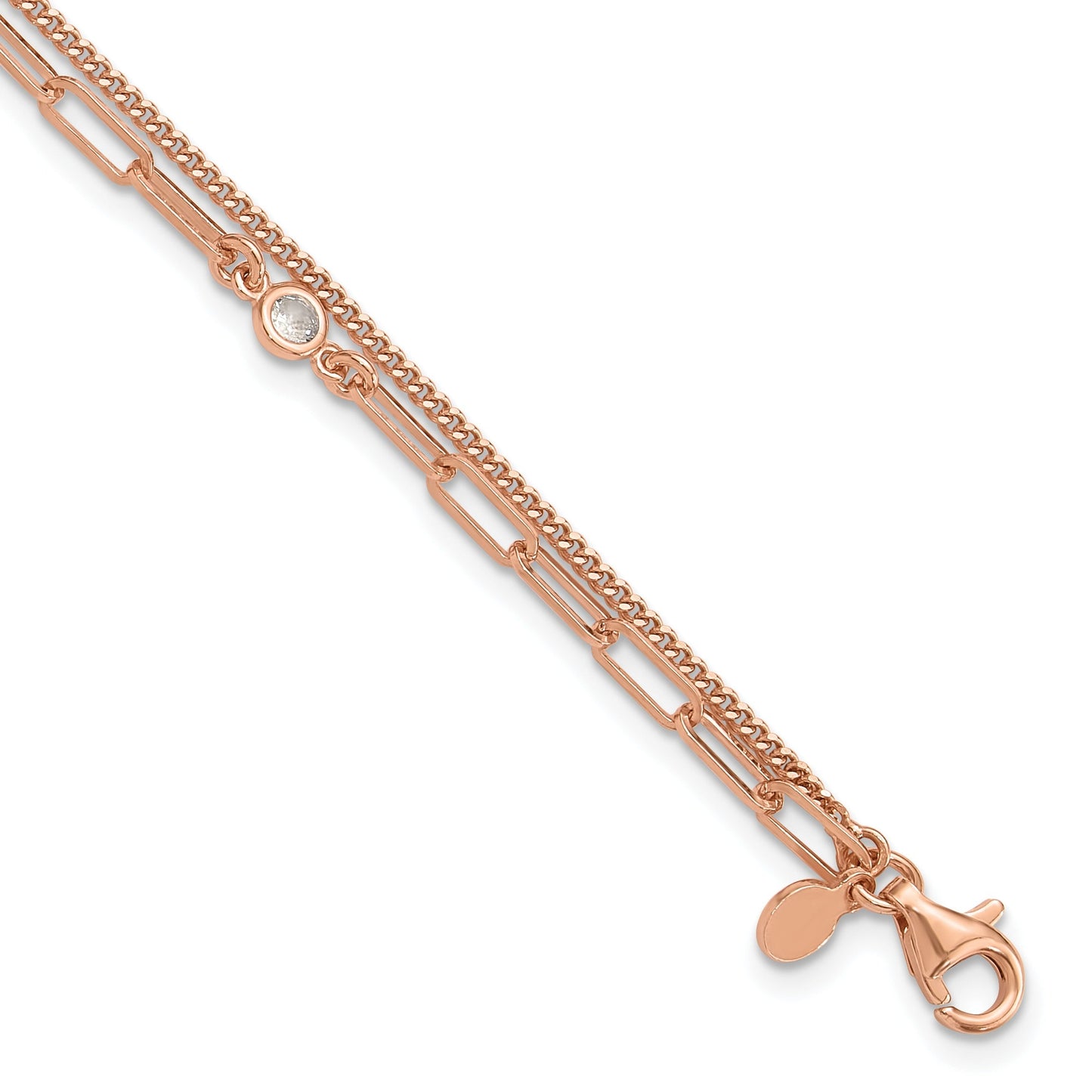 Round White Cubic Zirconia Bezel Rose Gold Plated Silver 2-Strand Paperclip & Curb Chain Station Link Bracelet
