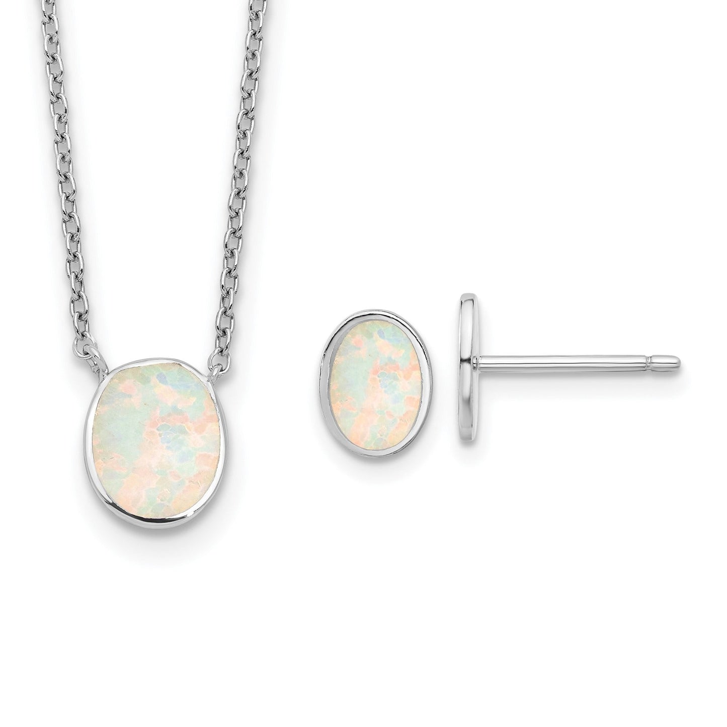 Sterling Silver Created Opal Oval Necklace Earring Set