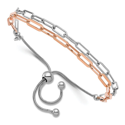 Two-Tone Rose Gold Plated Sterling Silver 2-Strand Paperclip Link Adjustable Slider Bolo Bracelet