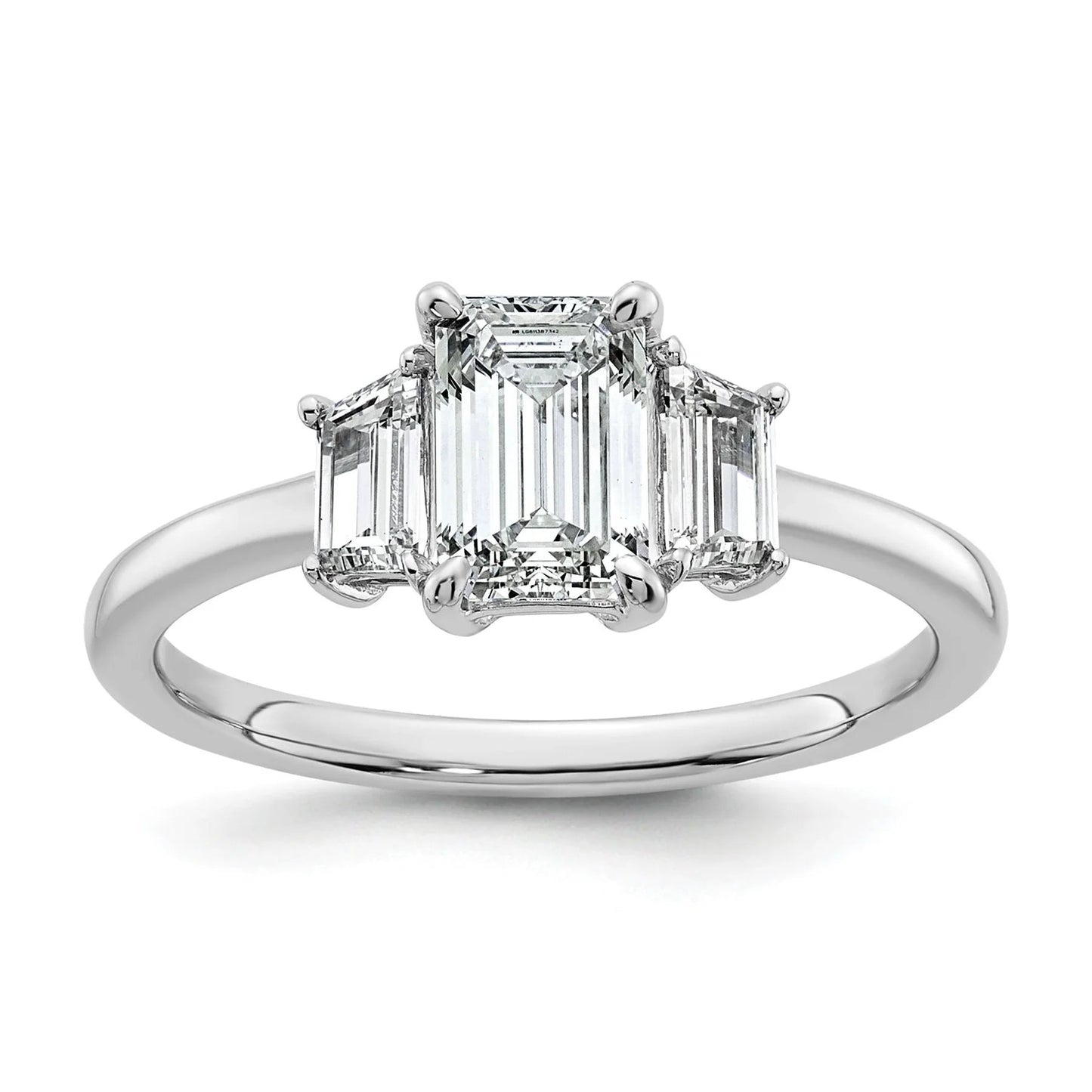 14k White Gold Diamond Emerald and Trapezoid 3-Stone Bridal Rings