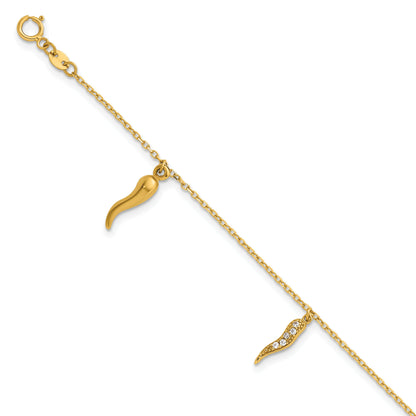 Round White Cubic Zirconia Prong 14K Yellow Gold 3 Italian Horn Dangles with Spring Ring Clasp Charm Bracelet