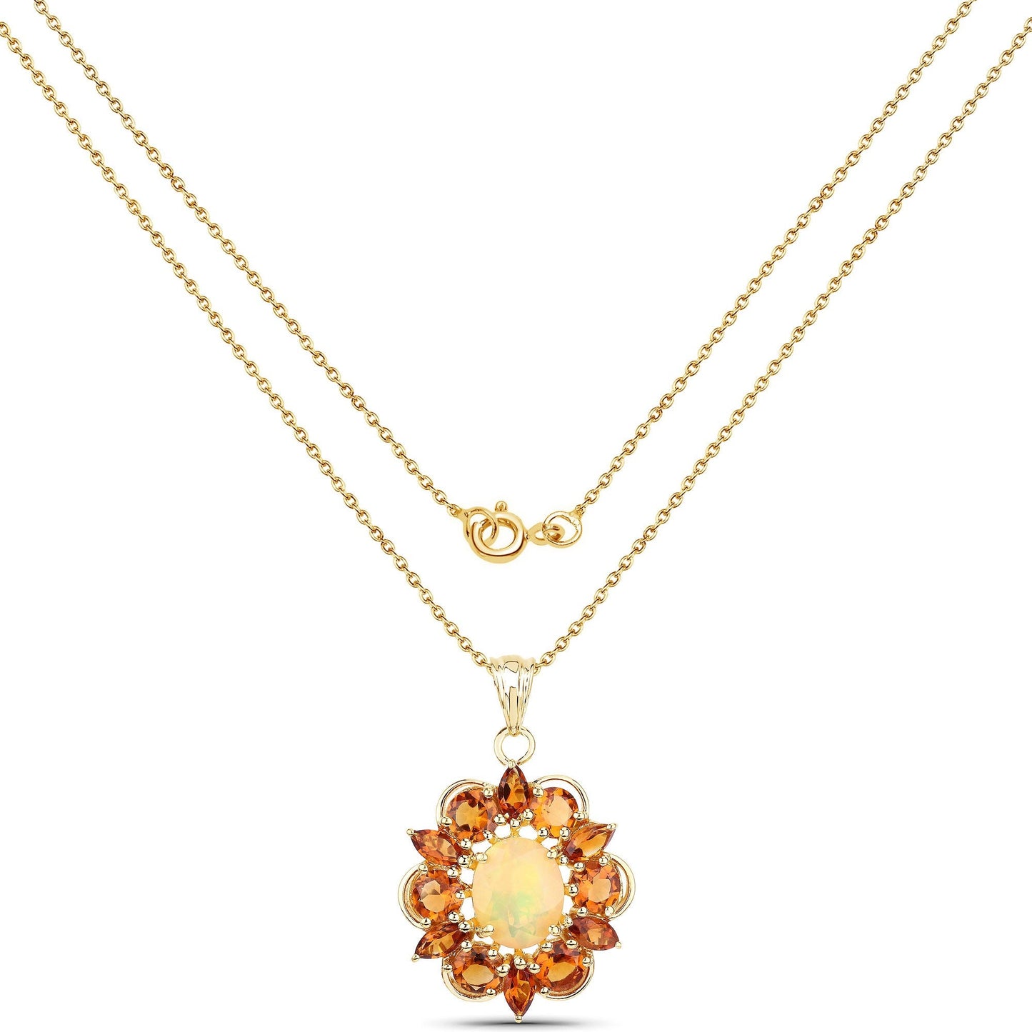 1.85 Ct Oval White Ethiopian Opal Prong Gold Plated Silver Cluster Halo Pendant Necklace