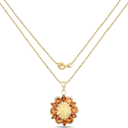 1.85 Ct Oval White Ethiopian Opal Prong Gold Plated Silver Cluster Halo Pendant Necklace