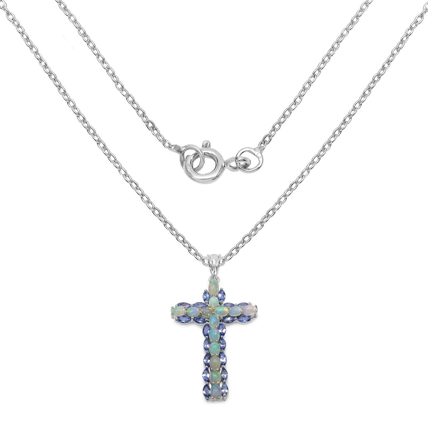 0.16 Ct Oval White Ethiopian Opal Prong Rhodium Plated Silver Cross Necklace