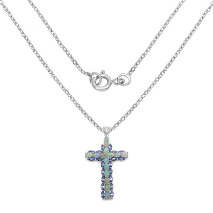 0.16 Ct Oval White Ethiopian Opal Prong Rhodium Plated Silver Cross Necklace