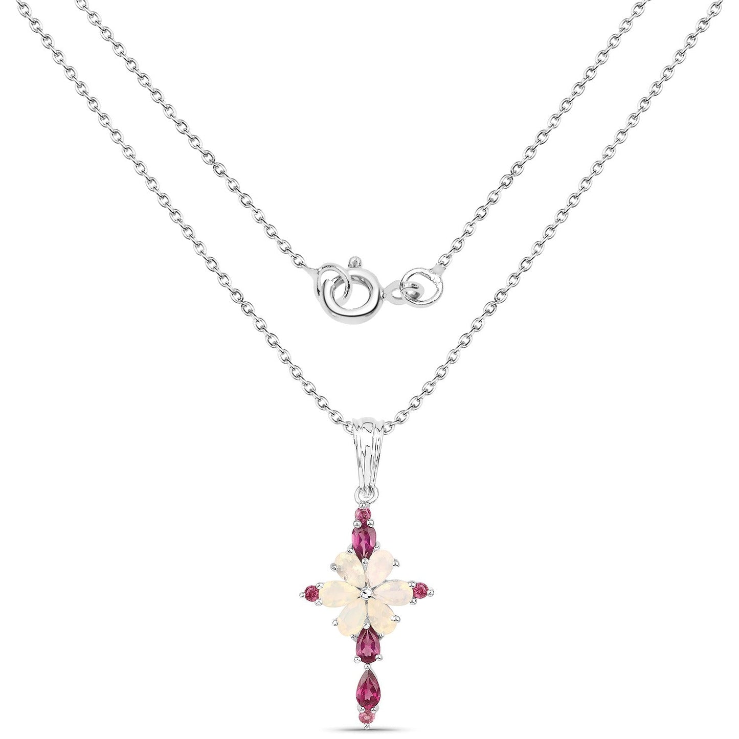 0.78 Ct Pear White Ethiopian Opal Prong Silver Cocktail Cross Pendant Necklace