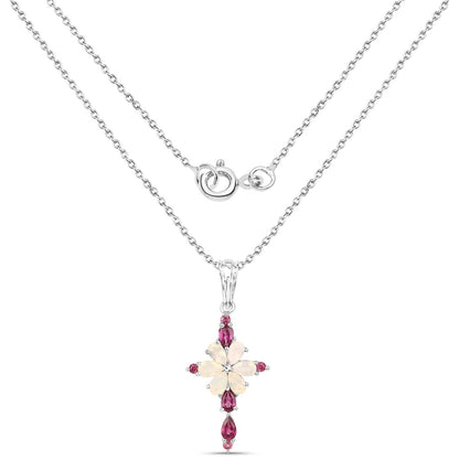 0.78 Ct Pear White Ethiopian Opal Prong Silver Cocktail Cross Pendant Necklace