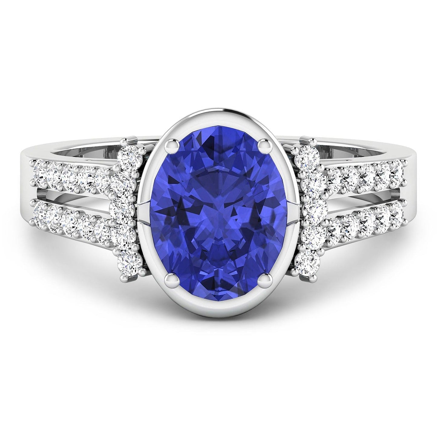 1.41 Ct Oval Violet Tanzanite & Lab Diamond Bezel 14K Gold Bridge Ring