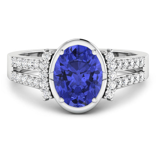 1.41 Ct Oval Violet Tanzanite & Lab Diamond Bezel 14K Gold Bridge Ring