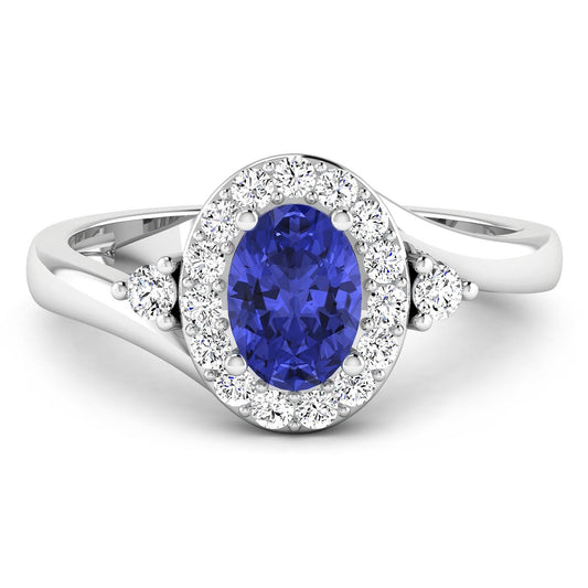 0.75 Ct Oval Violet Tanzanite & Lab Diamond Prong 14K Gold Halo Bypass Ring