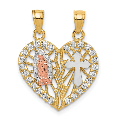 10k Two-tone CZ Break-apart Cross Heart Pendant