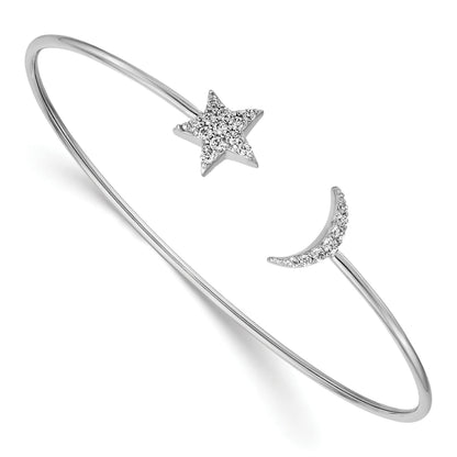 0.25 Ct Round White Diamond Prong 14k White Gold Moon and Star Flexible Open Cuff Bangle Bracelet