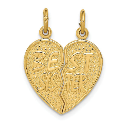 14k Gold BEST SISTER Break-apart Heart Charm Pendant