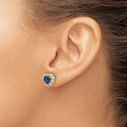 14K Yellow Gold Lab Grown Diamond & Sapphire Halo Heart Stud Earrings 1.33 Ct