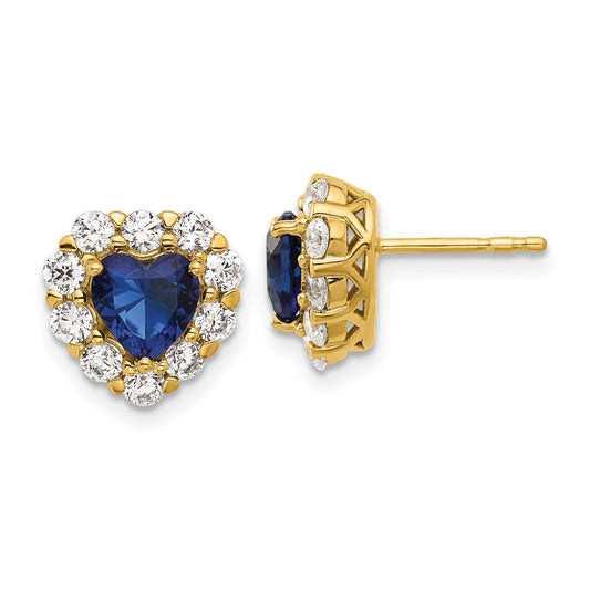 14K Yellow Gold Lab Grown Diamond & Sapphire Halo Heart Stud Earrings 1.33 Ct