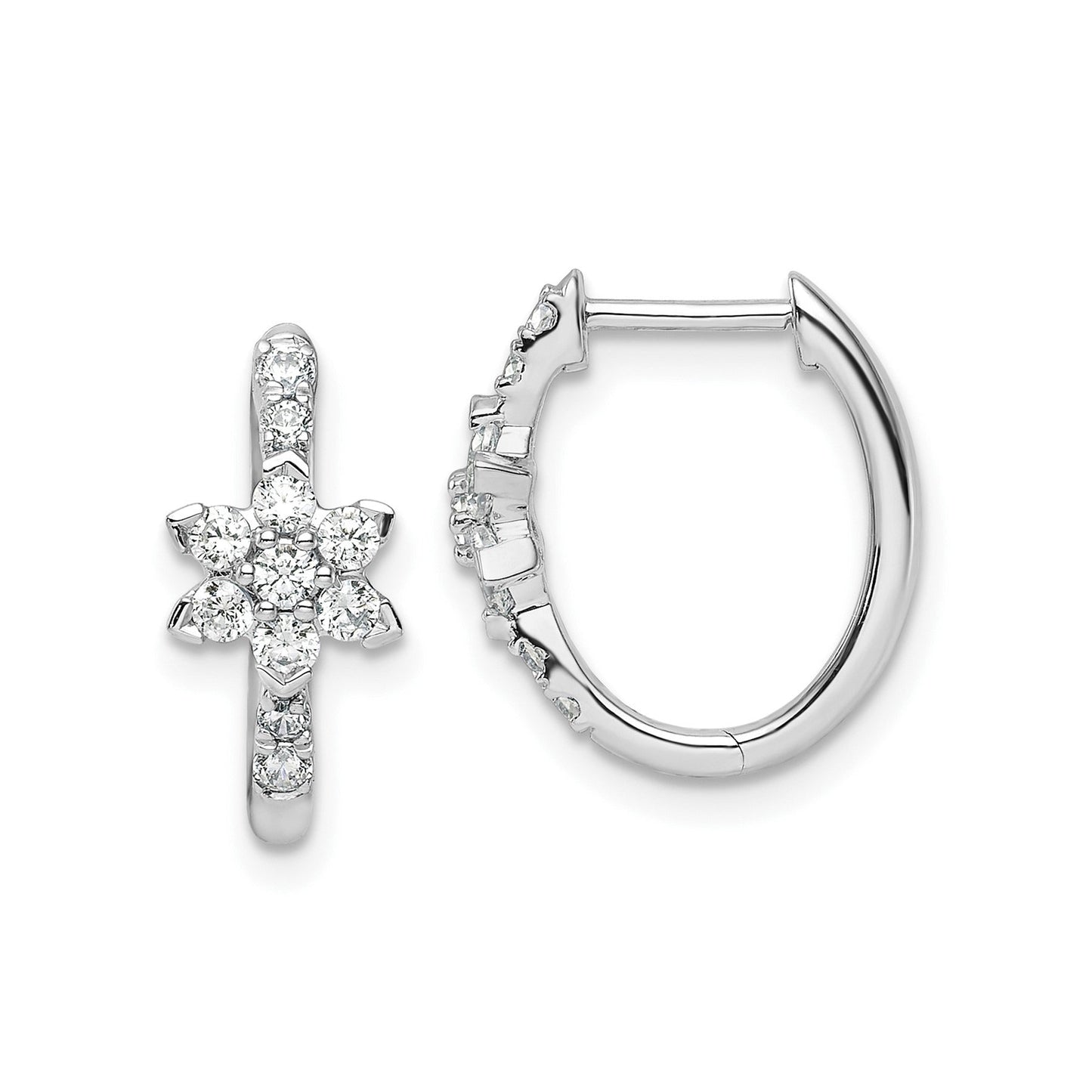 14K White Gold Lab Grown Diamond Flower Hinged Hoop Earrings