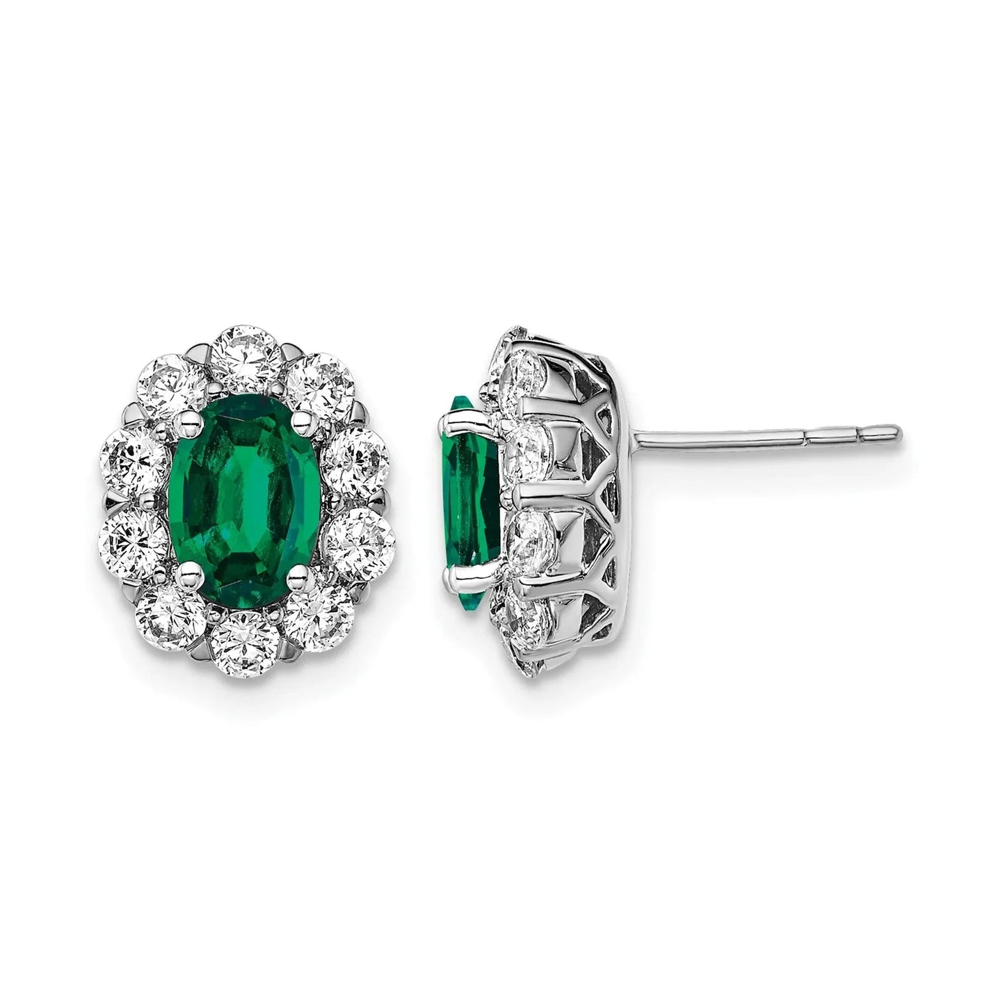 14k Gold Lab Grown Diamond Oval Emerald Halo Studs Earrings