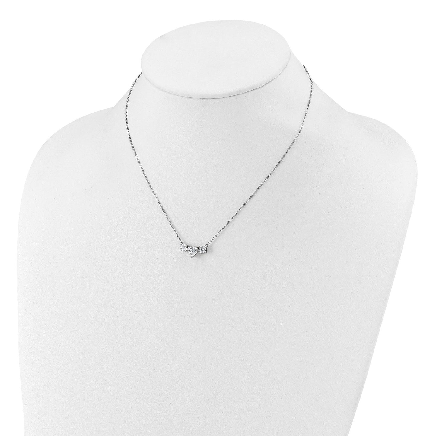 14k White Gold Lab Grown Diamond Three Stone Heart Bar Necklace 1 3/8 ctw