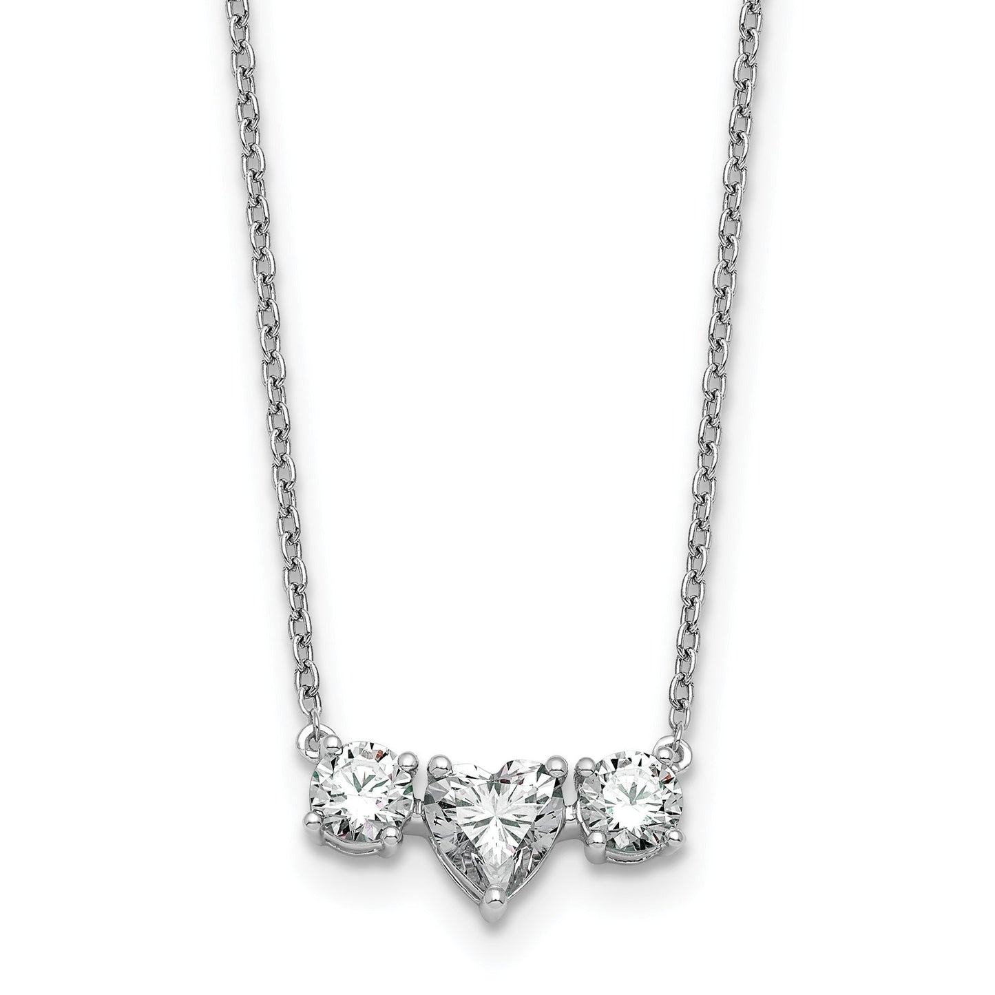 14k White Gold Lab Grown Diamond Three Stone Heart Bar Necklace 1 3/8 ctw