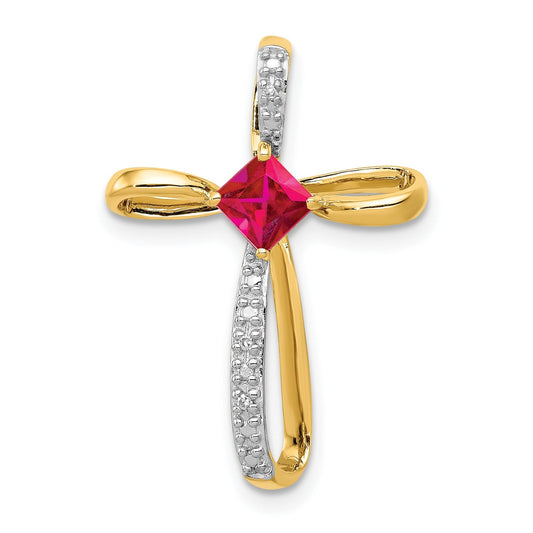 Lab Created Ruby and Diamond Cross Pendant Gold