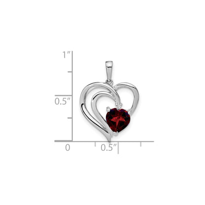 Sterling Silver Red Garnet Diamond Heart Pendant