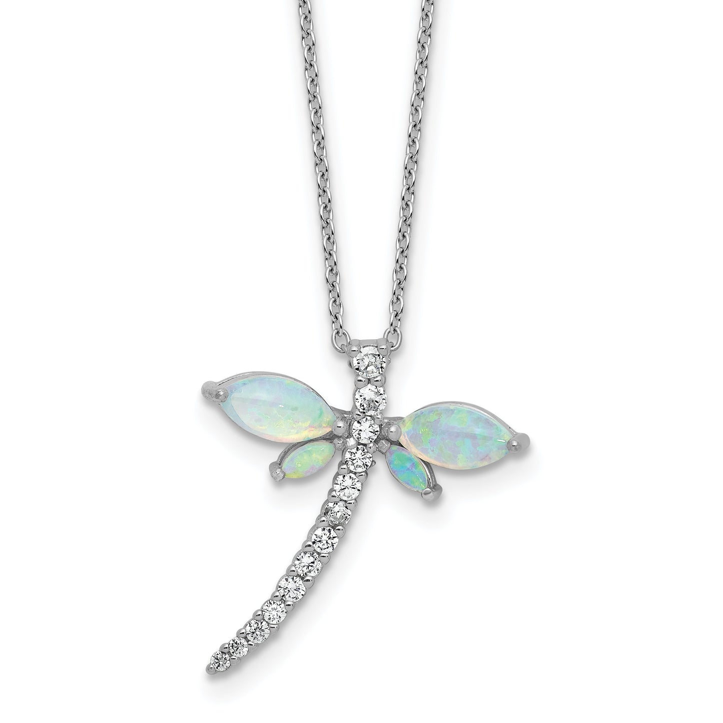Lab Created Opal and CZ Dragonfly Necklace Sterling Silver