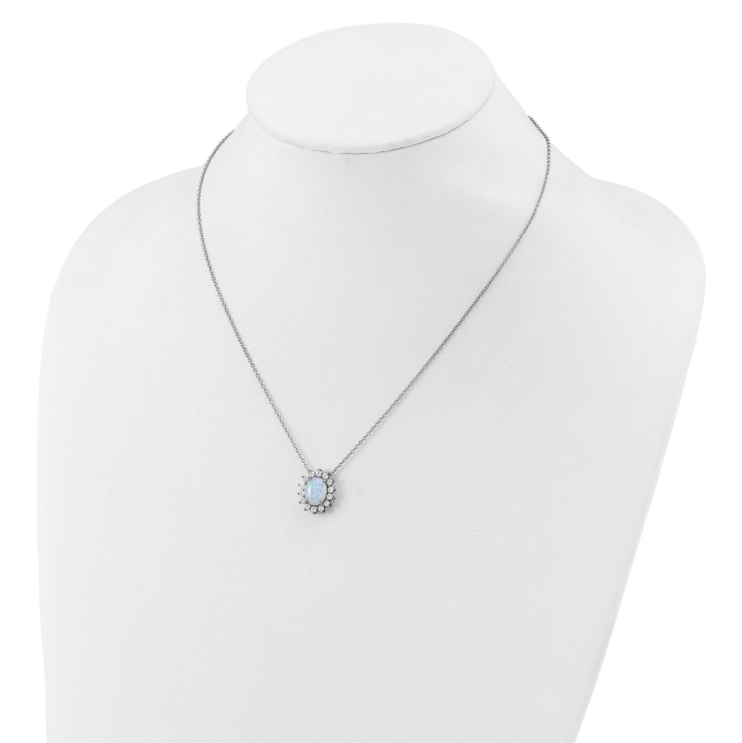 Sterling Silver Created Opal Oval Halo Necklace