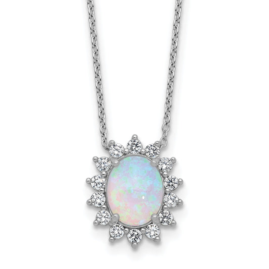 Sterling Silver Created Opal Oval Halo Necklace