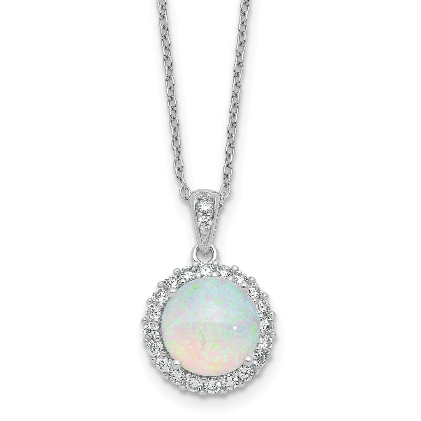 Lab Created Opal and CZ Halo Circle Necklace Sterling Silver