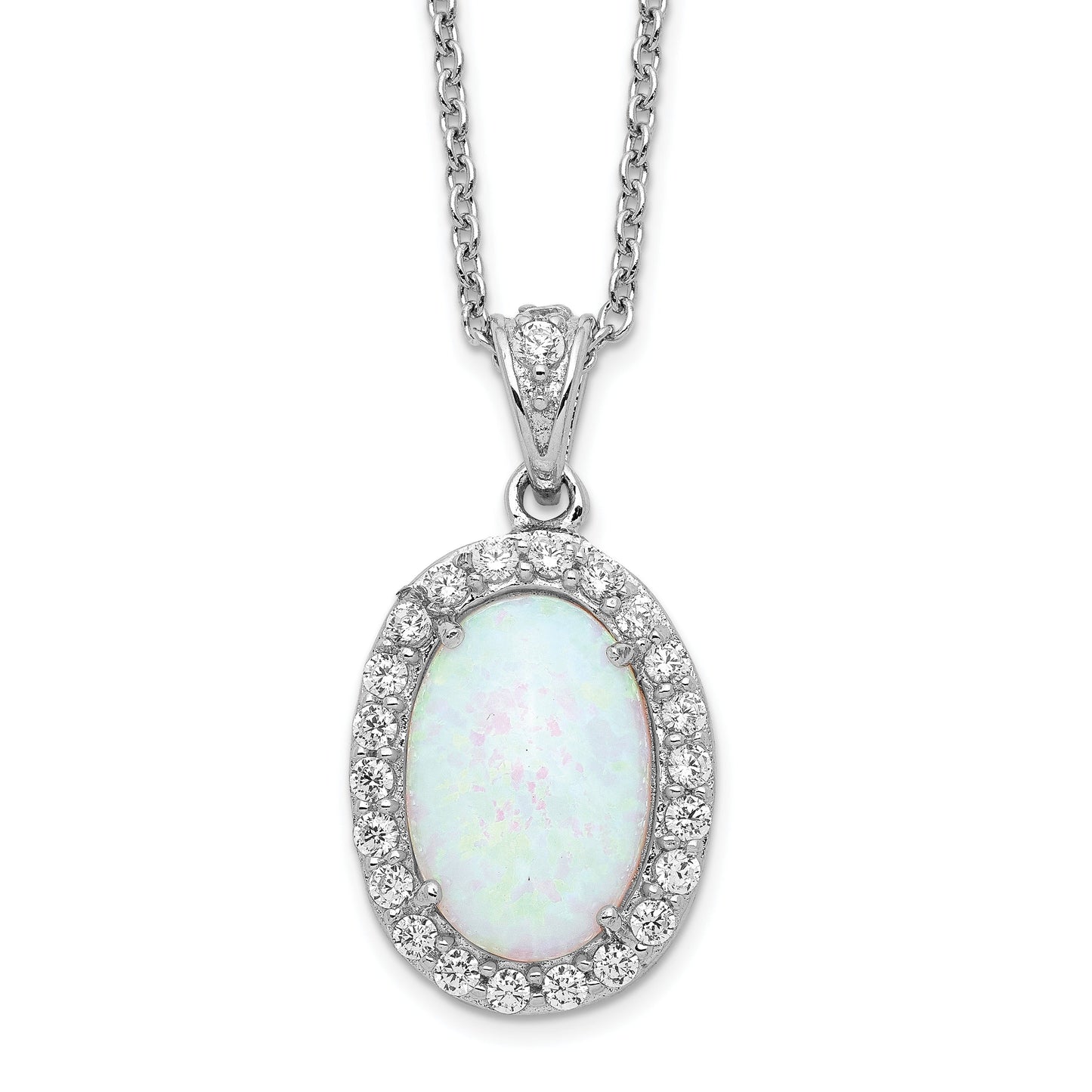 Sterling Silver Opal Oval Halo 18 Inch Cubic Zirconia Necklace