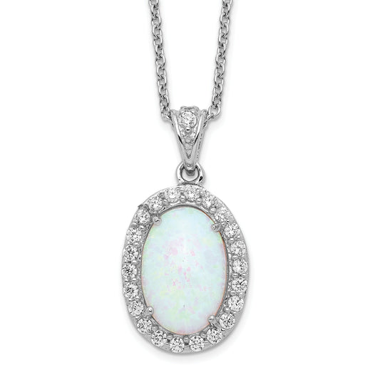 Sterling Silver Opal Oval Halo 18 Inch Cubic Zirconia Necklace