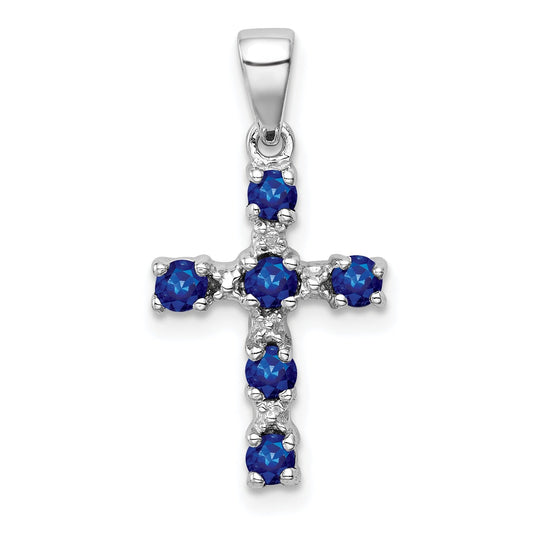 Sterling Silver Natural Blue Sapphire and Diamond Cross Pendant