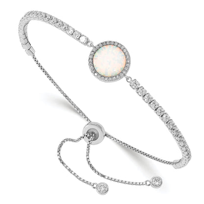 Round White Created Opal & CZ Halo Prong Sterling Silver Adjustable Bolo Bracelet