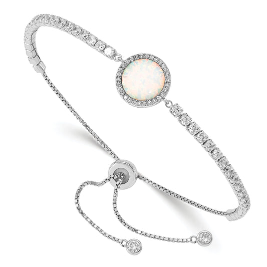 Round White Created Opal & CZ Halo Prong Sterling Silver Adjustable Bolo Bracelet