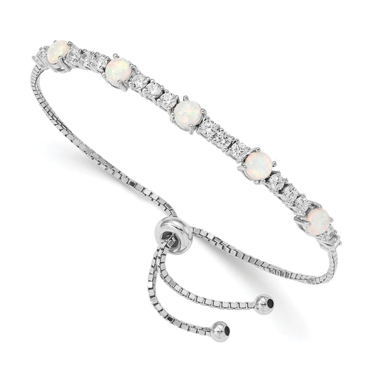 Round White Created Opal & CZ Prong Sterling Silver Adjustable Bolo Bracelet
