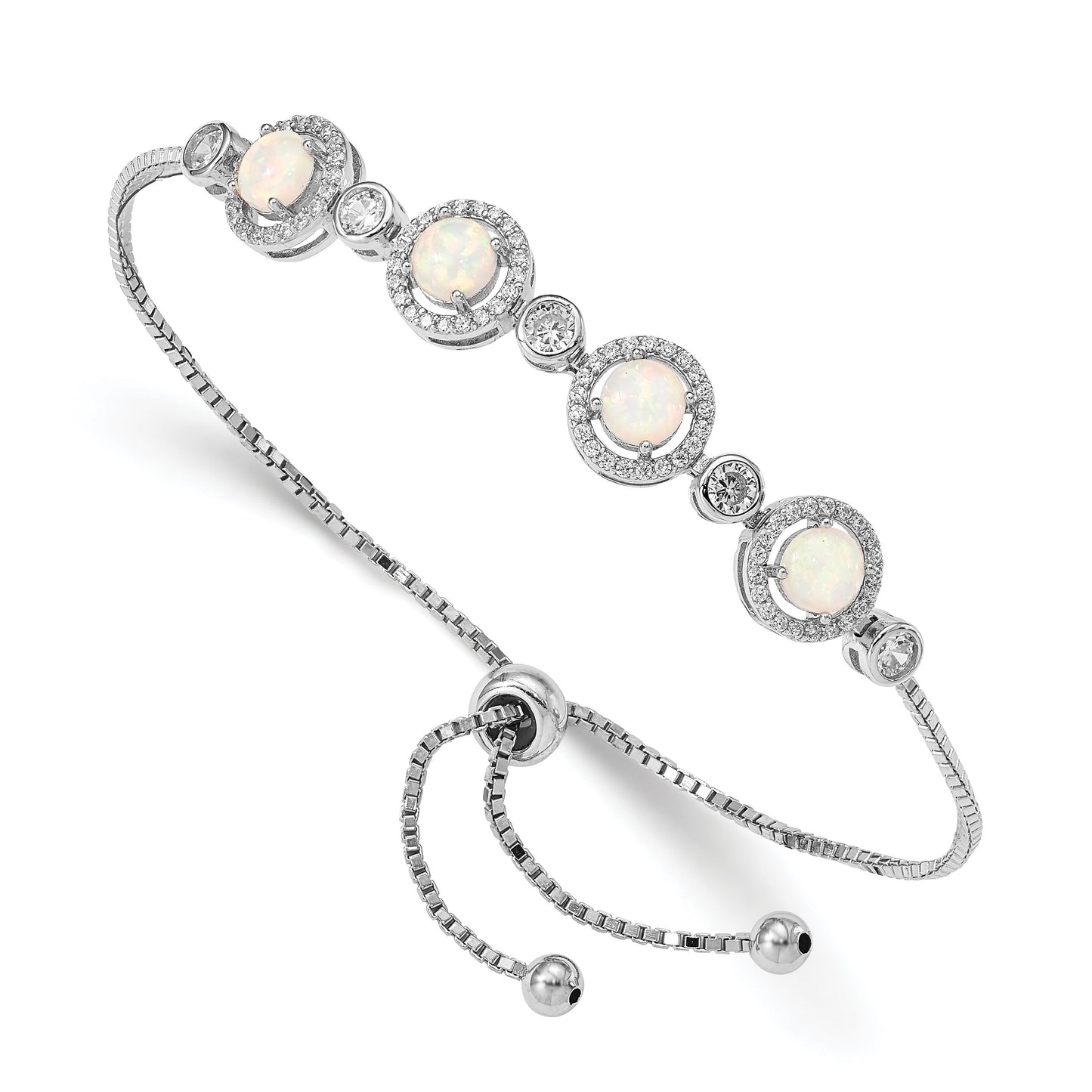 Round White Created Opal & CZ Halo Prong Sterling Silver Adjustable Bolo Bracelet