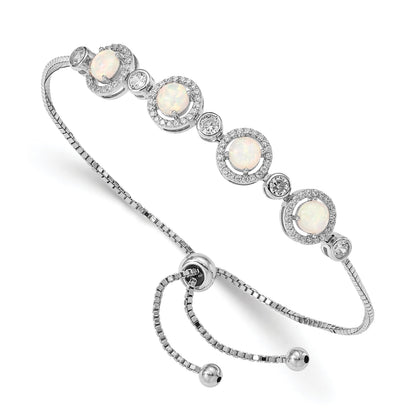 Round White Created Opal & CZ Halo Prong Sterling Silver Adjustable Bolo Bracelet