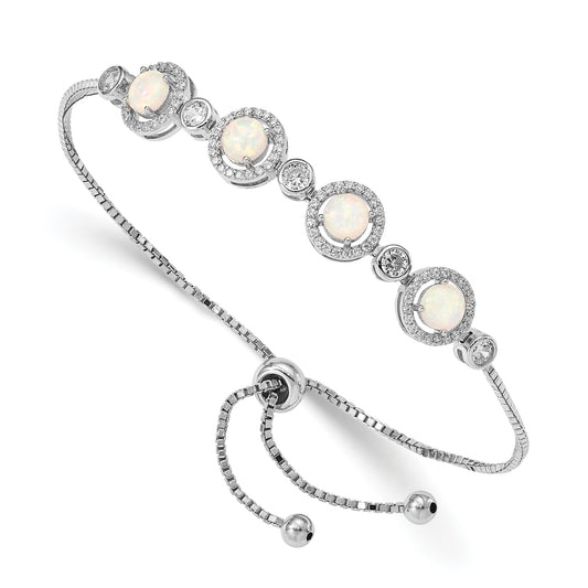 Round White Created Opal & CZ Halo Prong Sterling Silver Adjustable Bolo Bracelet