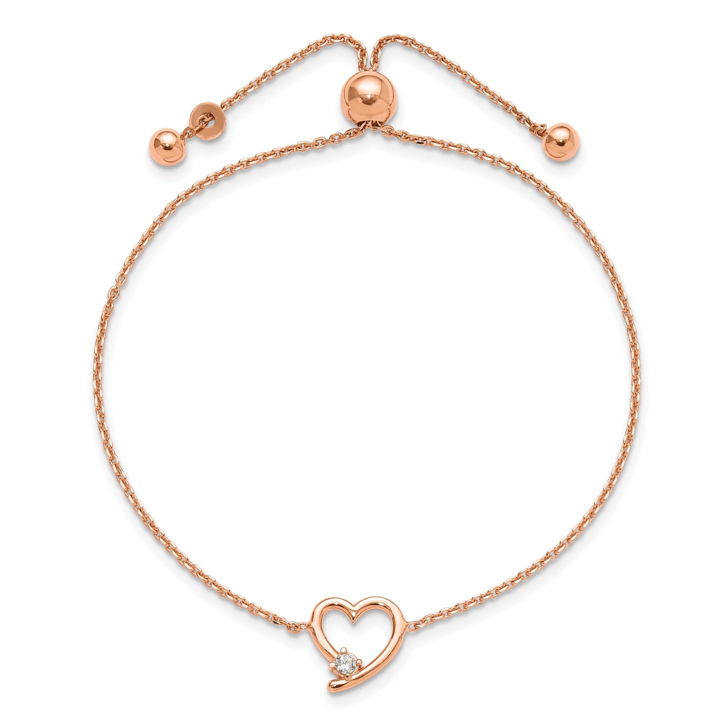 Round White Cubic Zirconia Prong Rose Gold Plated Silver Open Heart Adjustable Slider Bolo Bracelet