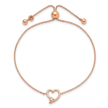 Round White Cubic Zirconia Prong Rose Gold Plated Silver Open Heart Adjustable Slider Bolo Bracelet
