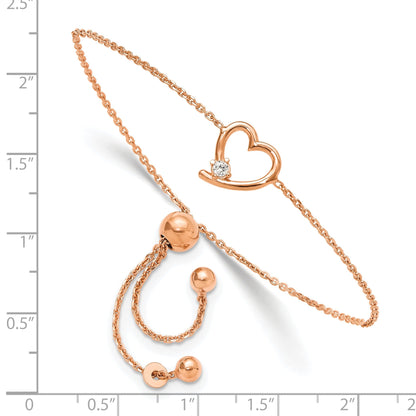 Round White Cubic Zirconia Prong Rose Gold Plated Silver Open Heart Adjustable Slider Bolo Bracelet