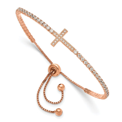 Round White Cubic Zirconia Prong Rose Gold over Silver Sideways Cross Adjustable Slider Bolo Bracelet