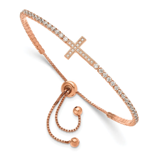 Round White Cubic Zirconia Prong Rose Gold over Silver Sideways Cross Adjustable Slider Bolo Bracelet