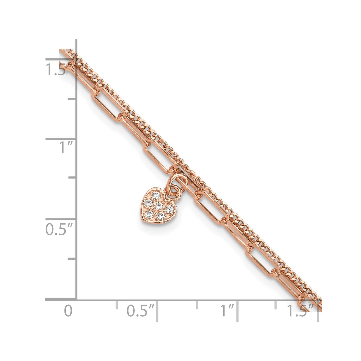 Round White Cubic Zirconia Prong Rose Gold Plated Silver 2-Strand Paperclip & Curb Chain with Pave Heart Charm Link Bracelet